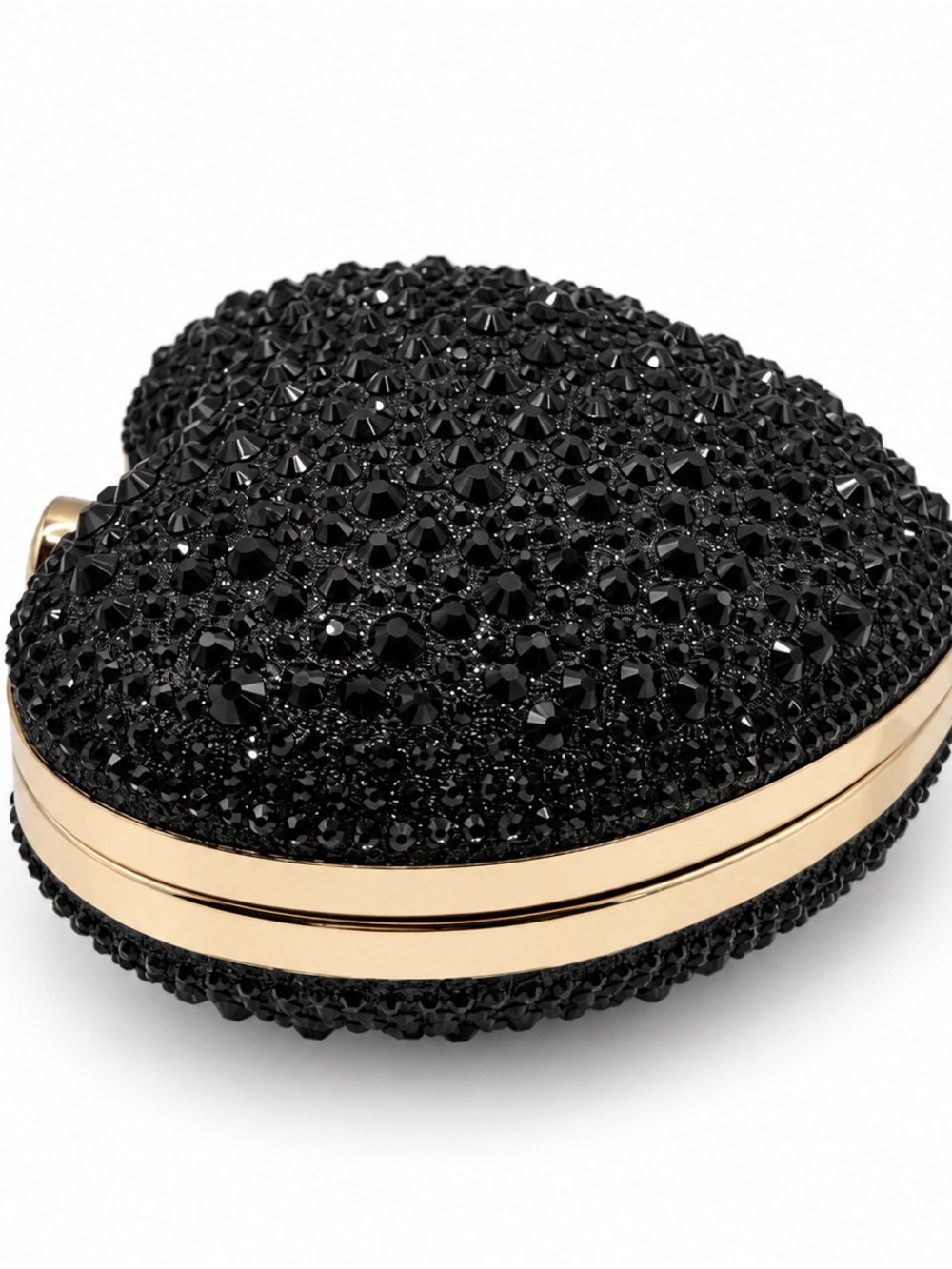 Black Crystal Heart Clutch Purse Gold Handle Formal Evening Bag Womens NEW - Picture 5 of 13
